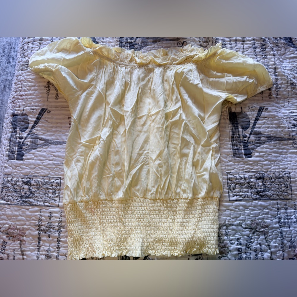 Kate Kasin Yellow Smocked Blouse Puff Sleeve Off Shoulder Top Large